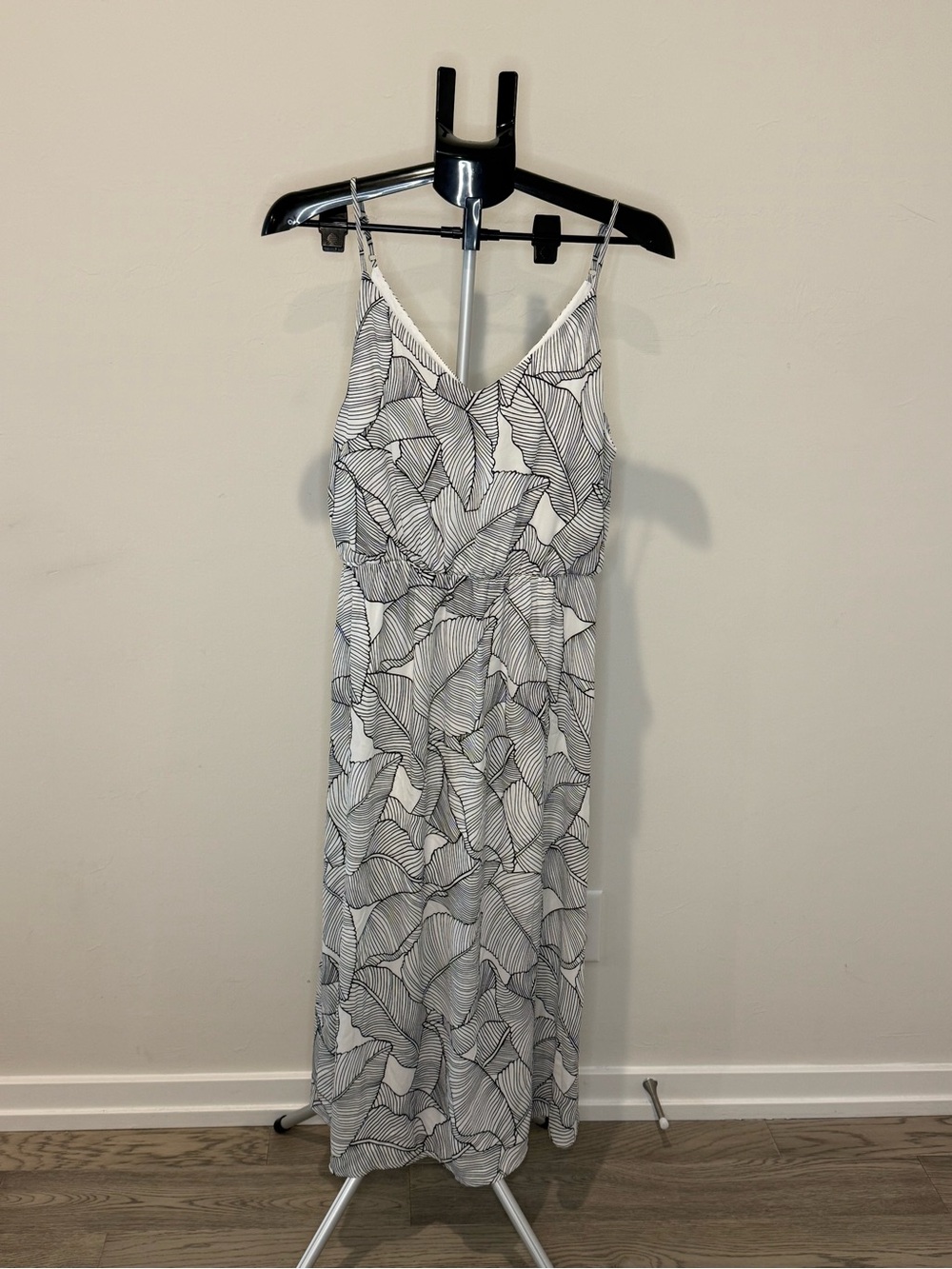 Sienna Sky White Maxi Dress with Black Leaf Outline — Spaghetti Strap V-Neck